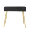Pia 32 Inch Wood Console Table, 2 Drawers, Woven Rattan Design, Black, Gold