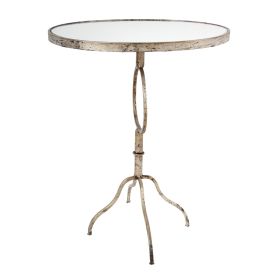 28 Inch Accent Side Table, Round Mirror Top, Metal Base, Rustic Gold Finish