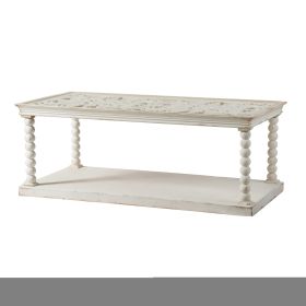 48 Inch Coffee Table, Rectangular, Glass Top, Scroll Design, Vintage White