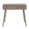 Pia 31 Inch Console Table, Pine Wood, 2 Drawer, Woven Rattan, Rustic Brown