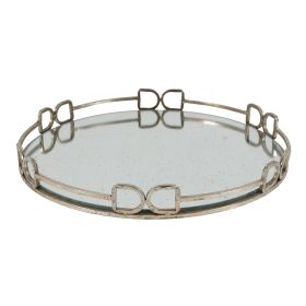 Sui 18 Inch Round Tray, Glass Bottom,  Silver Geometric Frame, Large