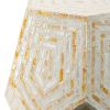 21 Inch Capiz Accent Stool Table, Hexagonal Drum, Angled Look, Beige White
