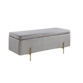 Jaxon 45 Inch Storage Bench with Wood Frame, Gold Metal Legs, Gray Velvet
