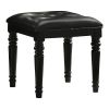 Kya 20 Inch Vanity Stool, Black Tufted Vegan Faux Leather Seat, Turned Legs