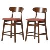 Bev 24 Inch Set of 2 Counter Stools, Orange Cushions, Dark Brown Rubberwood