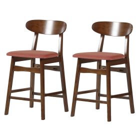 Bev 24 Inch Set of 2 Counter Stools, Orange Cushions, Dark Brown Rubberwood
