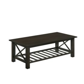 Viki 47 Inch Brown Coffee Table, Crossed Accents, Slatted Open Bottom Shelf