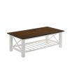 Viki 47 Inch Coffee Table, Crossbar, Slatted Open Shelf, White and Brown