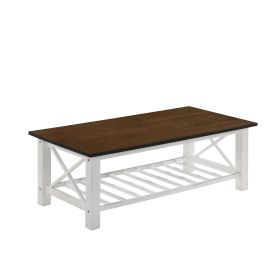 Viki 47 Inch Coffee Table, Crossbar, Slatted Open Shelf, White and Brown