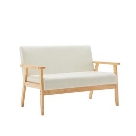 Gala 45 Inch Modern Loveseat Bench, Ivory Fabric, Natural Brown Wood Frame