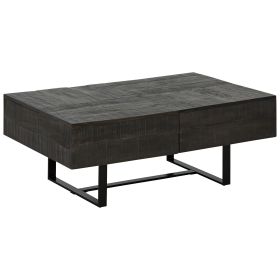 42 Inch Storage Coffee Table, Thick Cut Gray Mango Wood, Black Metal Base