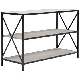 Gem 40 Inch Metal Console Sideboard Table, 3 Shelves, X Side Accents, Black, Whitewash