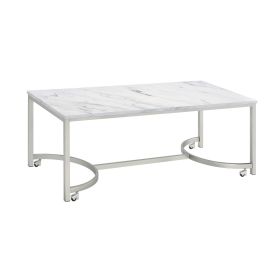 46 Inch Coffee Table, Faux Marble Surface, Silver Finished Geometric Base