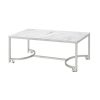 46 Inch Coffee Table, Faux Marble Surface, Silver Finished Geometric Base