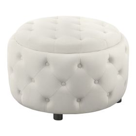 Lina 28 Inch Round Ottoman, Storage Area, Pearl White Vegan Faux Leather
