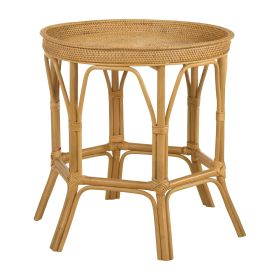 Raya 26 Inch Accent Table, Round Woven Rattan Tray Top, Natural Brown Color