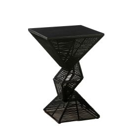 36 Inch Outdoor Geometric Pub Bar Table, Rope Woven, Metal Top, Black