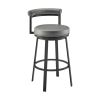 Elysha 30 Inch Swivel Bar Stool Chair, Round Cushion, Gray Faux Leather