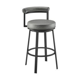 Elysha 30 Inch Swivel Bar Stool Chair, Round Cushion, Gray Faux Leather