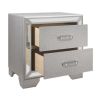 Aisha 24 Inch 2 Drawer Nightstand, Embossed Front, Mirror Trim, Silver Wood