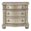 Caitlin 35 Inch 3 Drawer Nightstand with Marble Top, Leaf Carvings, Silver