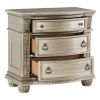 Caitlin 35 Inch 3 Drawer Nightstand with Marble Top, Leaf Carvings, Silver