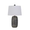 25 Inch Oval Table Lamp, Set of 2, White Fabric Drum Shade, Black, Silver