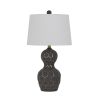 27 Inch Modern Curved Table Lamp, Set of 2, Round Shade, Black, Gold Resin