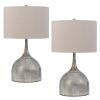 26 Inch Table Lamp, Set of 2, Curved, Beige Fabric Shade, Distressed Gray