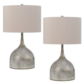 26 Inch Table Lamp, Set of 2, Curved, Beige Fabric Shade, Distressed Gray