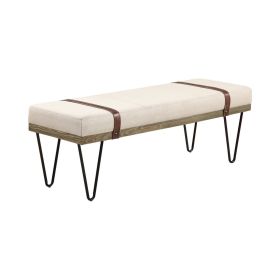 47 Inch Accent Bench, Faux Leather Straps, Black Hairpin Legs, Beige Fabric