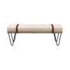 47 Inch Accent Bench, Faux Leather Straps, Black Hairpin Legs, Beige Fabric