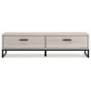 53 Inch 2 Drawer Storage Bench, Smooth Pewter Toned Frame, Black Metal Base