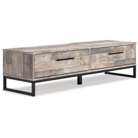 Vyne 53 Inch 2 Drawer Storage Bench, Whitewashed Gray, Black Metal Base