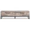 Vyne 53 Inch 2 Drawer Storage Bench, Whitewashed Gray, Black Metal Base