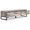 Vyne 53 Inch 2 Drawer Storage Bench, Whitewashed Gray, Black Metal Base