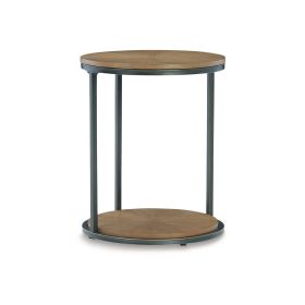 22 Inch Modern Side End Table, Round Wood Top, Black Metal Frame, Brown