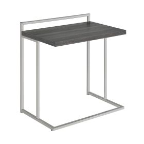 Dey 27 Inch C Shape Side End Table, Weathered Gray Top, Satin Nickel Metal