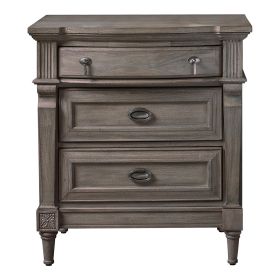 Ani 31 Inch 3 Drawer Nightstand, 2 USB Ports, Sand Blasted French Gray Wood