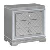 Axl 29 Inch 2 Drawer Nightstand, USB Ports, Embossed, Mirror Trim, Silver