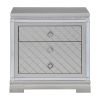 Axl 29 Inch 2 Drawer Nightstand, USB Ports, Embossed, Mirror Trim, Silver