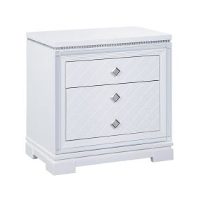 Axl 29 Inch 2 Drawer Nightstand, USB Ports, Embossed, Mirror Trim, White