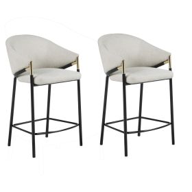 Fil 27 Inch Counter Height Stools, Set of 2, Padded Curved Back, Beige Linen