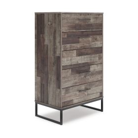 Vyne 51 Inch Tall Dresser 5 Drawers Chest, Gray Woodblock, Black Metal Base