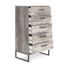 Vyne 51 Inch Tall Dresser Chest, 5 Drawers, White Woodblock, Black Metal
