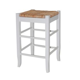Square Wooden Frame Counter Stool with Hand Woven Rush, White and Brown