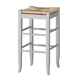 Square Wooden Frame Barstool with Hand Woven Rush, White and Brown