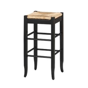 Rush Woven Wooden Frame Barstool with Saber Legs, Beige and Black