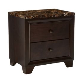2 Drawer Wooden Nightstand with Faux Marble Top, Cappuccino Brown