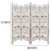 Classic 4 Panel Mango Wood Room Divider with Elephant Carvings, Gold and White